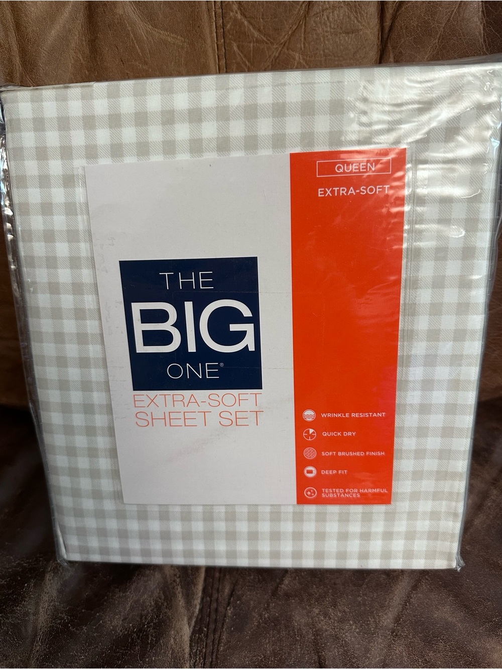 The Big One Queen Extra-Soft Sheet Set - Light Beige & White Gingham NEW - Picture 2 of 4